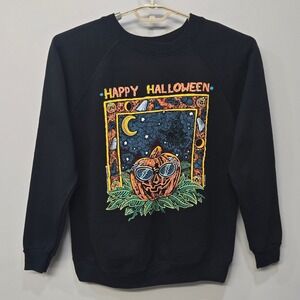 Vintage 1990 Halloween Sweatshirt Large Black Cat Jack-O'-Lantern Ghost Witch‎